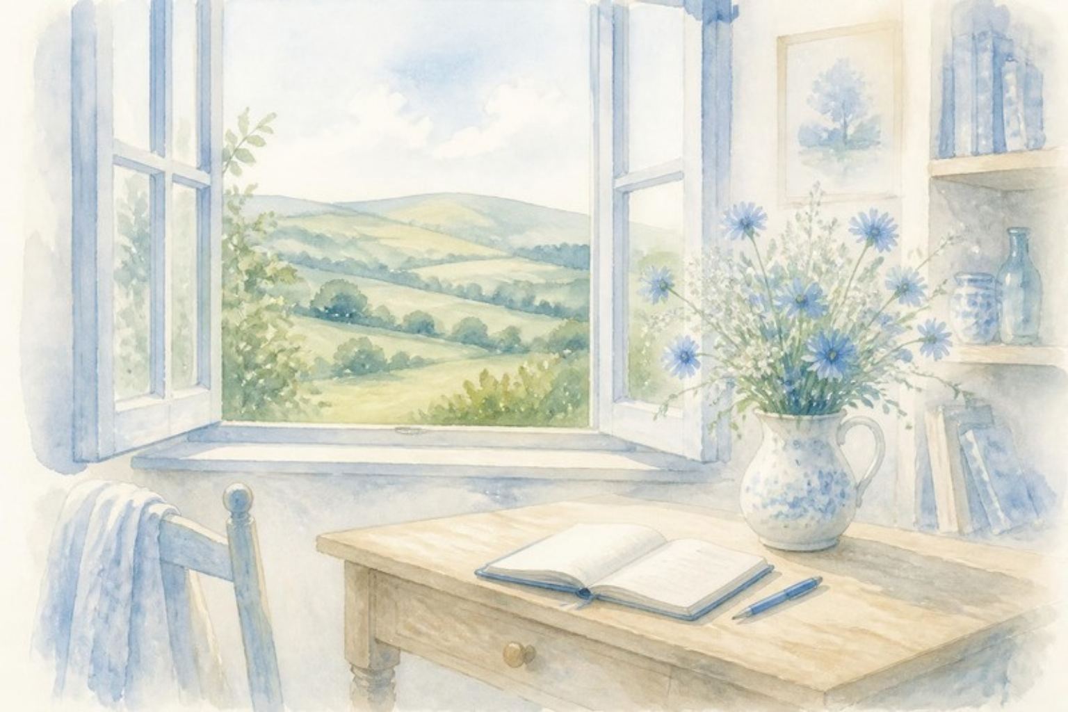 Acuarela: una mesa de madera junto a una ventana abierta al campo inglés, con un cuaderno abierto, una pluma y un jarro de flores azules.