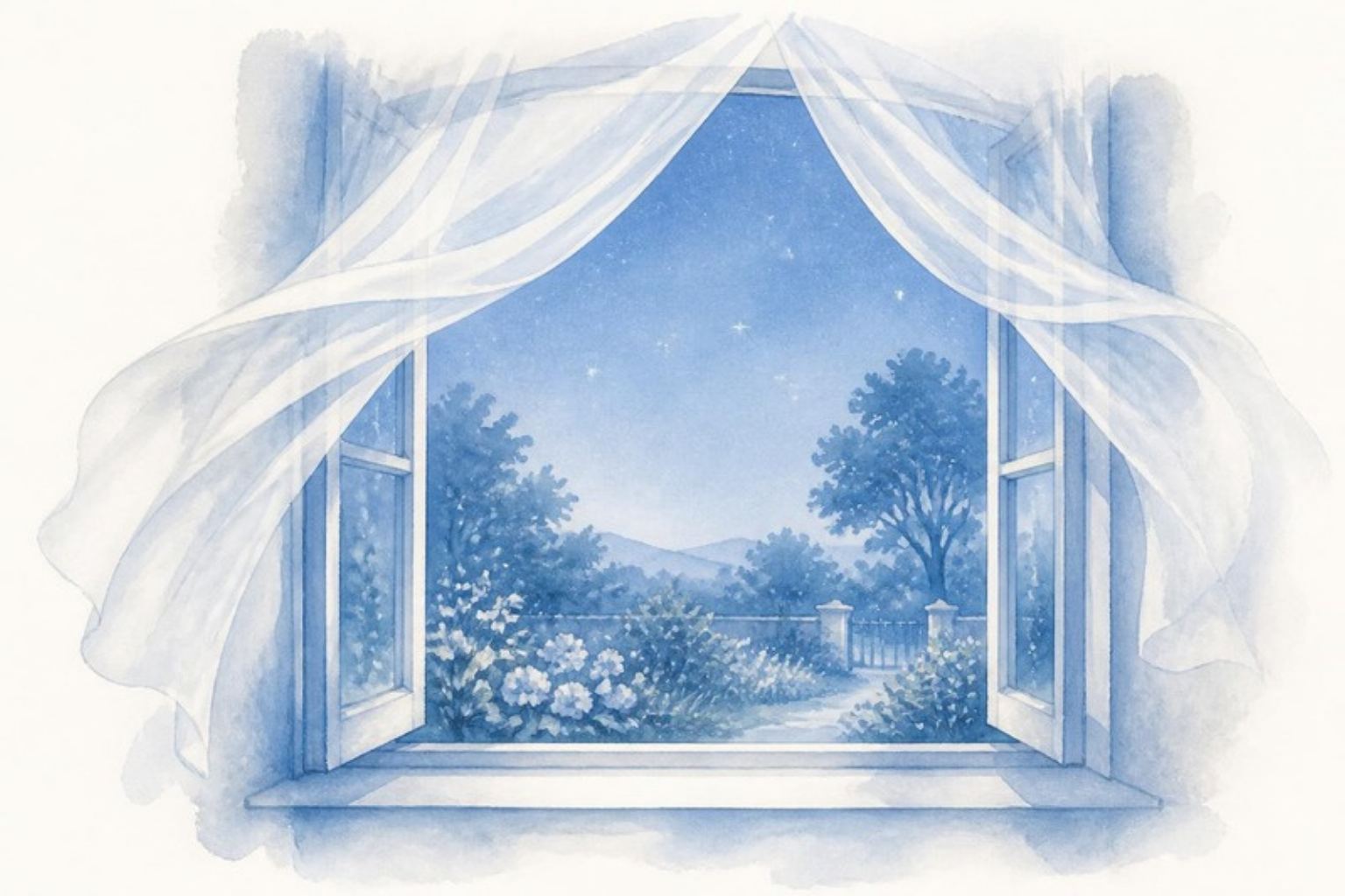 Acuarela: una ventana abierta de noche, con visillos movidos por el aire y un jardín azul bajo un cielo estrellado.