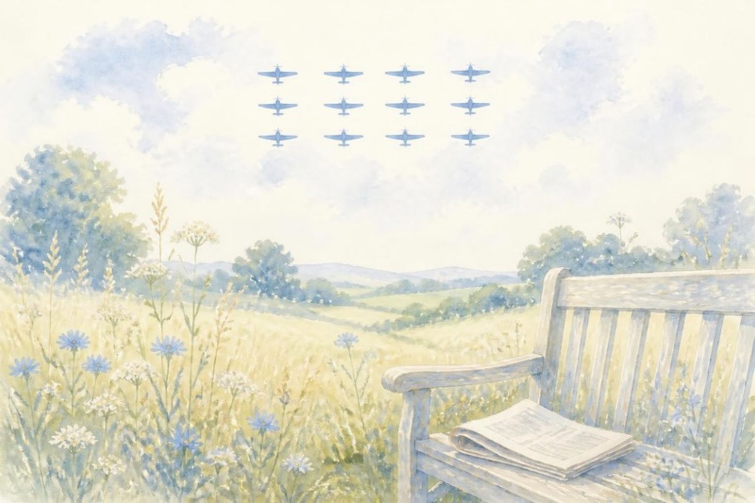Acuarela: un banco de madera con un periódico doblado, un prado con flores azules y, en el cielo, doce aviones en formación.