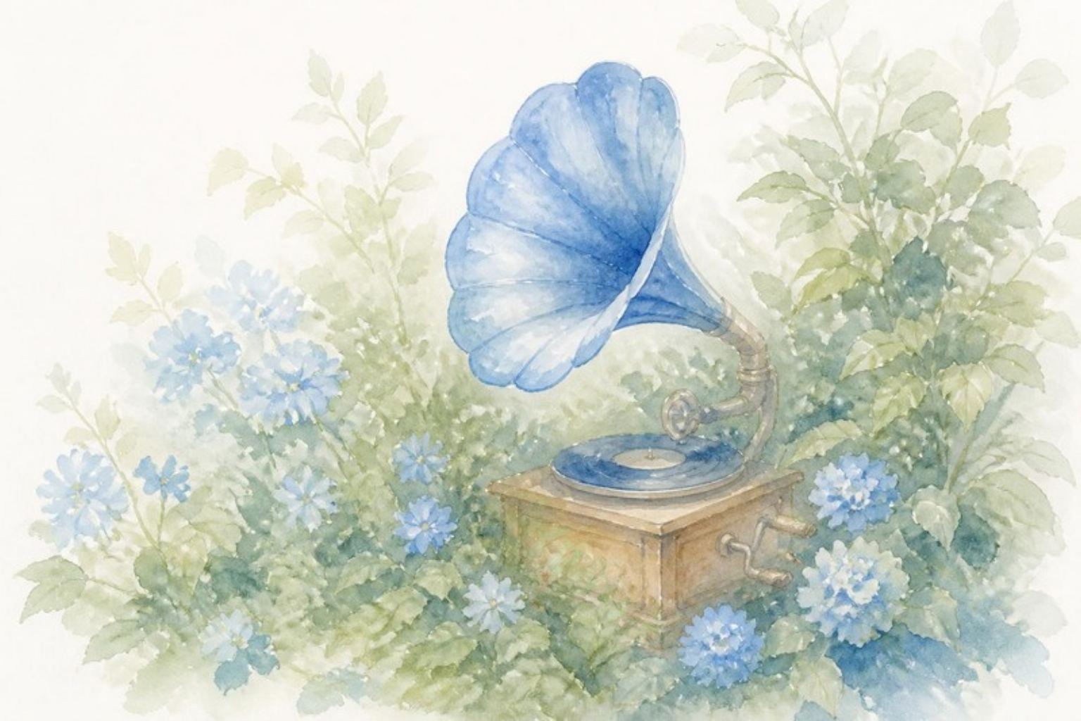 Acuarela: un gramófono antiguo de bocina azul, escondido entre arbustos y flores.