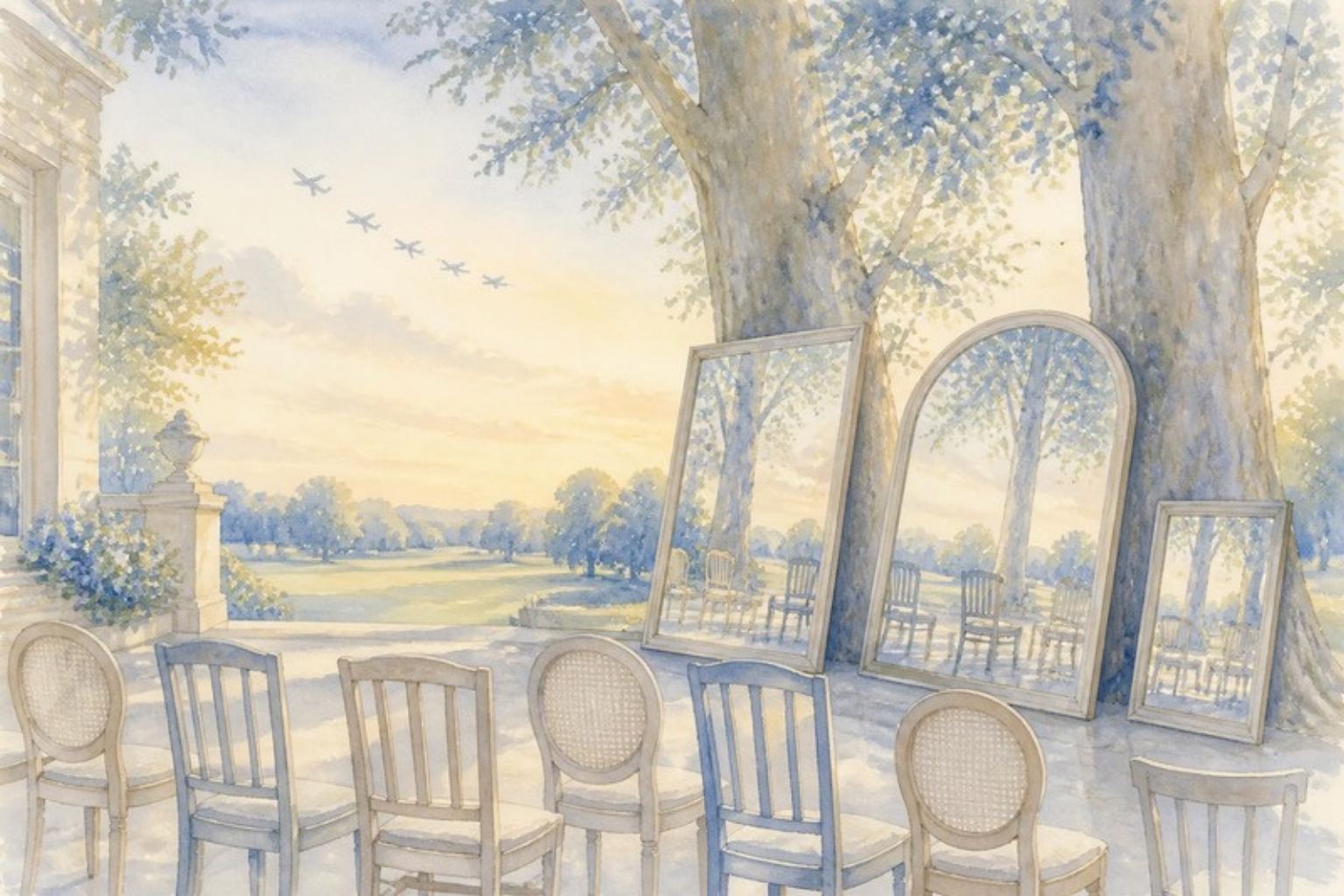 Acuarela: sillas vacías en la terraza de una casa de campo inglesa al atardecer; entre los árboles, espejos apoyados que reflejan las sillas, y al fondo una formación de aviones.