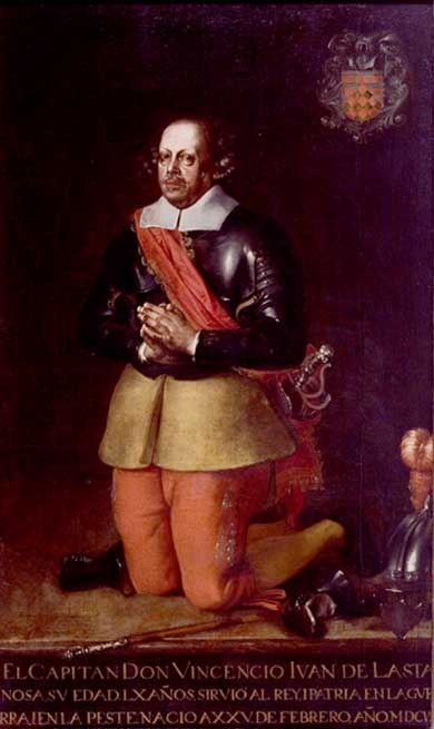 Retrato de Vincencio Juan de Lastanosa arrodillado, con armadura y banda roja.