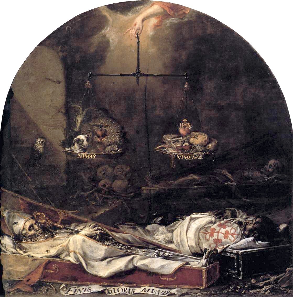 Cuadro de Juan de Valdés Leal: un obispo y un caballero muertos en sus ataúdes y, arriba, una mano que sostiene una balanza.