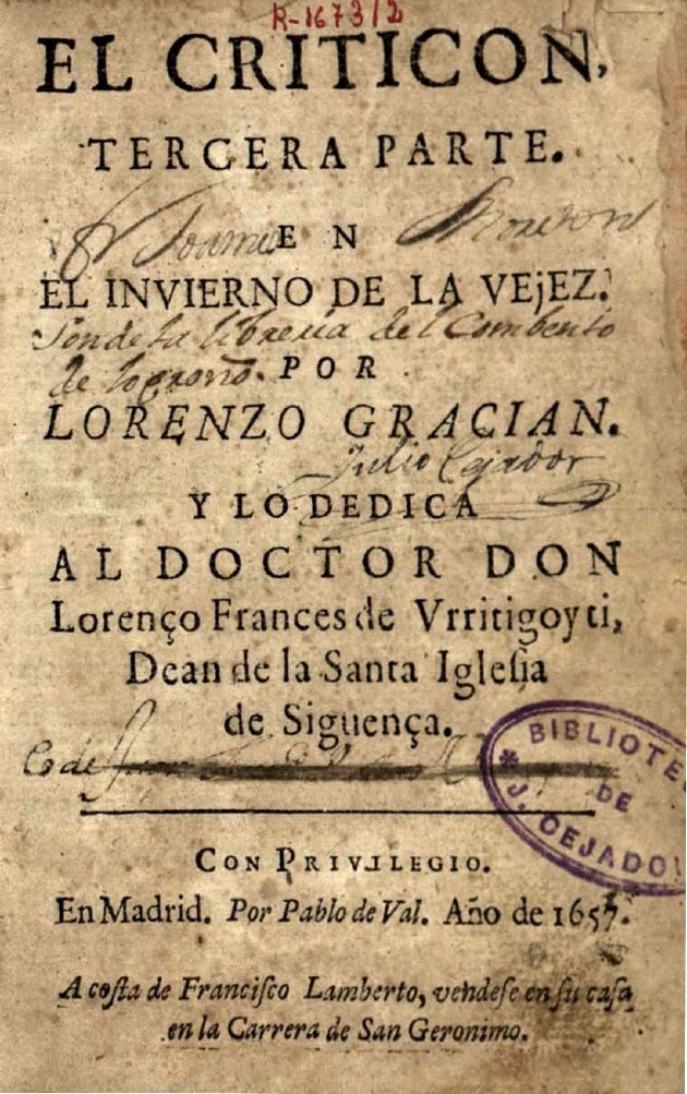 Portada impresa de 1657: «El Criticón, tercera parte, en el invierno de la vejez», a nombre de Lorenzo Gracián.