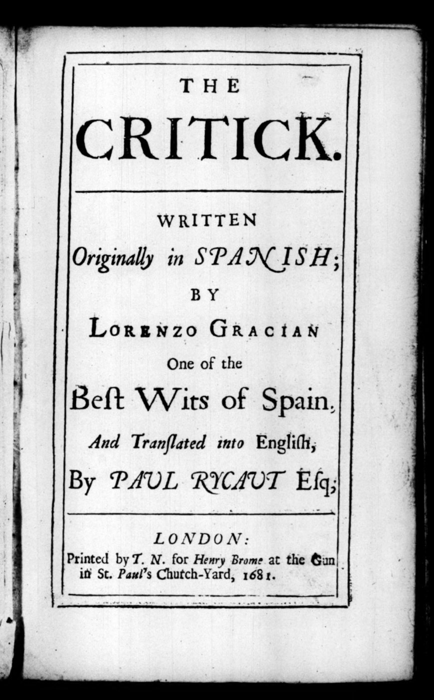 Portada impresa de «The Critick», traducción inglesa de la Primera parte, Londres, 1681.