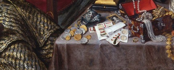 Detalle del cuadro de Pereda: monedas, naipes y un cofre con collares de perlas sobre una mesa.