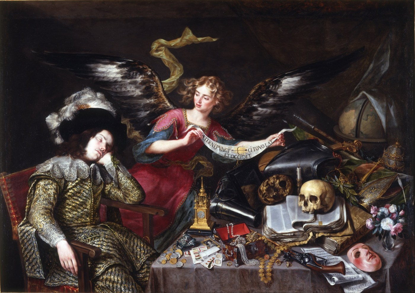 Cuadro de Antonio de Pereda: un caballero dormido junto a una mesa con una calavera, joyas, monedas y una máscara; un ángel le muestra una cinta.