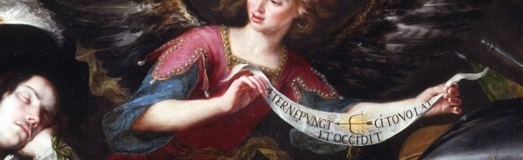 Detalle del cuadro de Antonio de Pereda: un ángel despliega una cinta con un lema en latín junto a un caballero dormido.