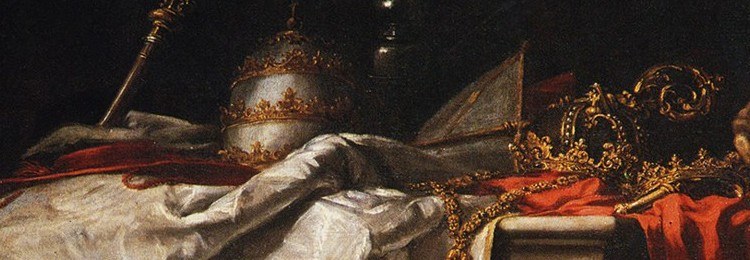 Detalle del cuadro de Valdés Leal: una tiara, una corona y un libro abierto sobre telas.