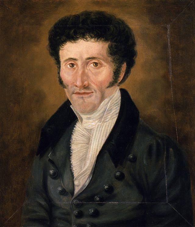 Autorretrato al óleo de E. T. A. Hoffmann: un hombre de pelo oscuro y rizado, de medio cuerpo, con levita.