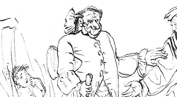 Detalle del dibujo de E. T. A. Hoffmann: Coppelius y el niño Nataniel escondido tras la cortina.