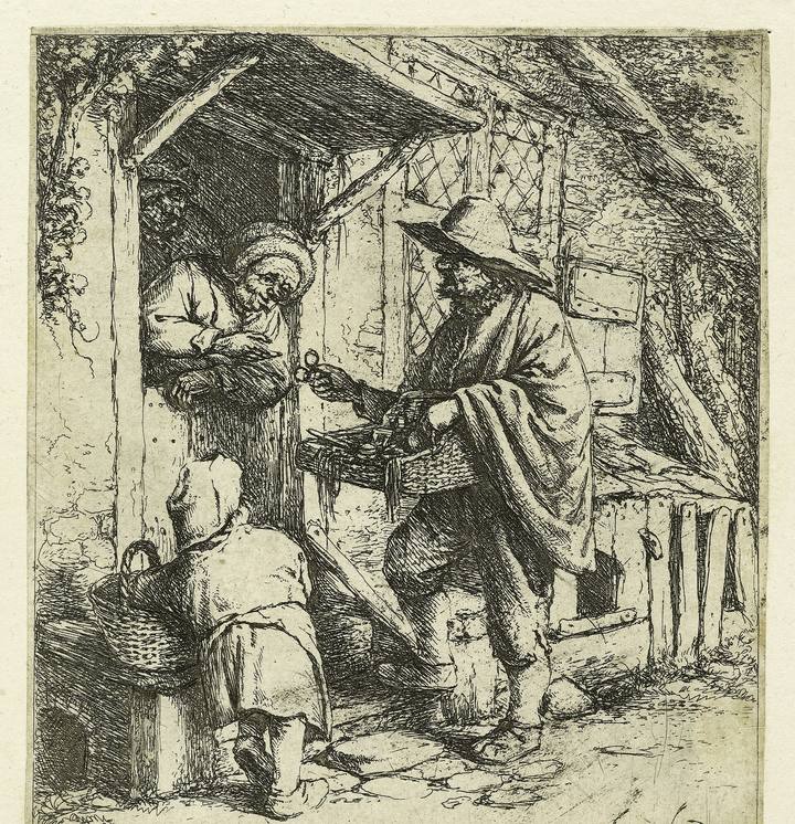 Aguafuerte de Adriaen van Ostade: un vendedor ambulante de gafas, con su bandeja de anteojos, ofrece un par a una mujer asomada a la puerta; un niño con una cesta mira.