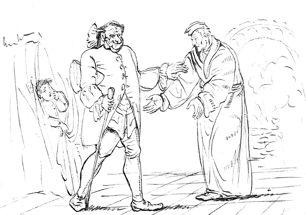 Dibujo a pluma de E. T. A. Hoffmann: la noche del horno, con Coppelius, el padre y el niño escondido tras la cortina.