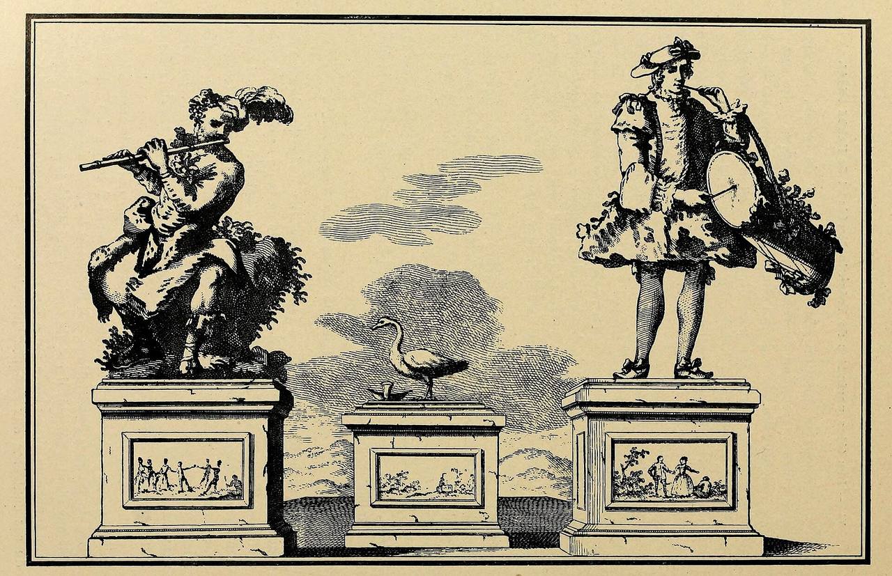 Grabado del siglo XVIII con los autómatas de Vaucanson sobre sus pedestales: el flautista, el pato y el tamborilero.