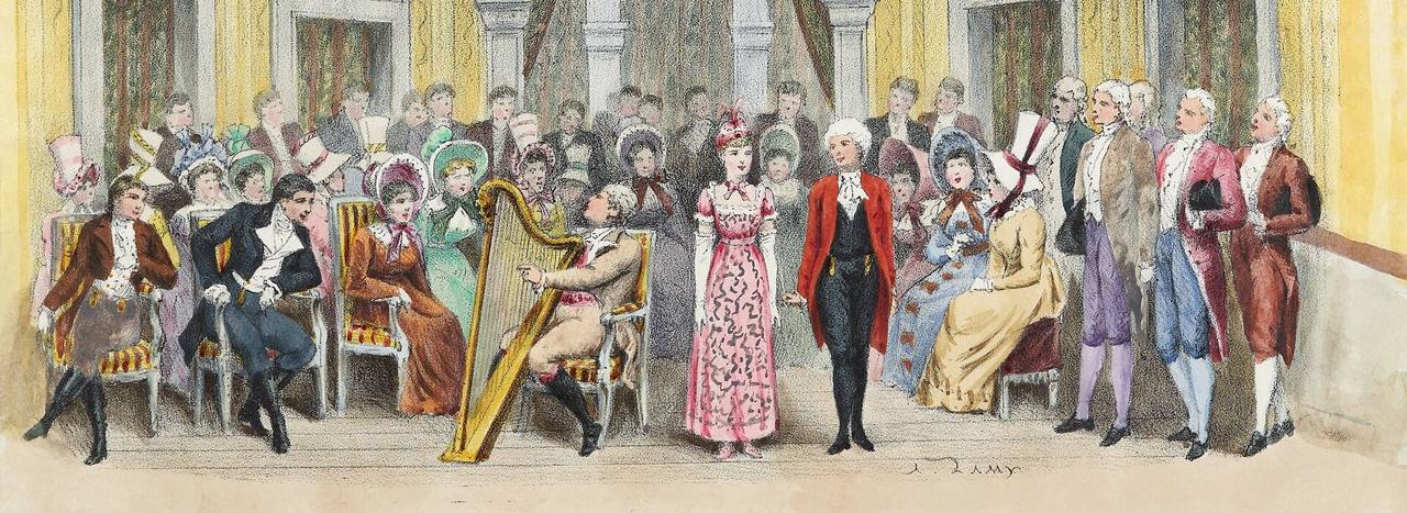 Acuarela del estreno de «Los cuentos de Hoffmann» en 1881: Olympia, vestida de rosa, presentada en un salón ante los invitados; a su lado, un hombre de levita roja y, a la izquierda, un arpista.