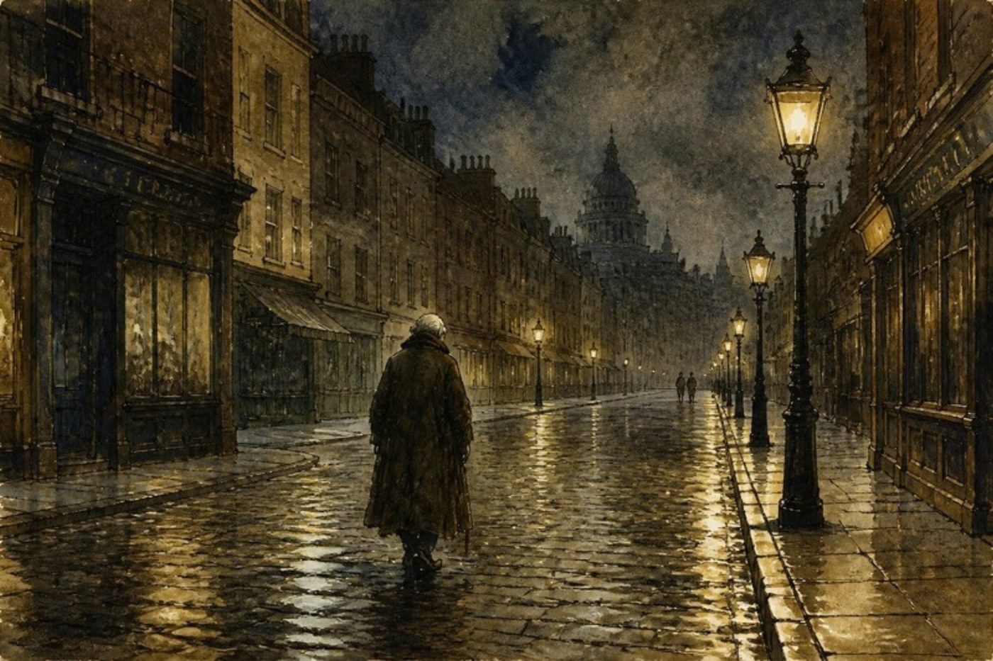 Ilustración: una avenida casi vacía de noche, con el empedrado mojado y las farolas de gas encendidas; un viejo camina solo, de espaldas.