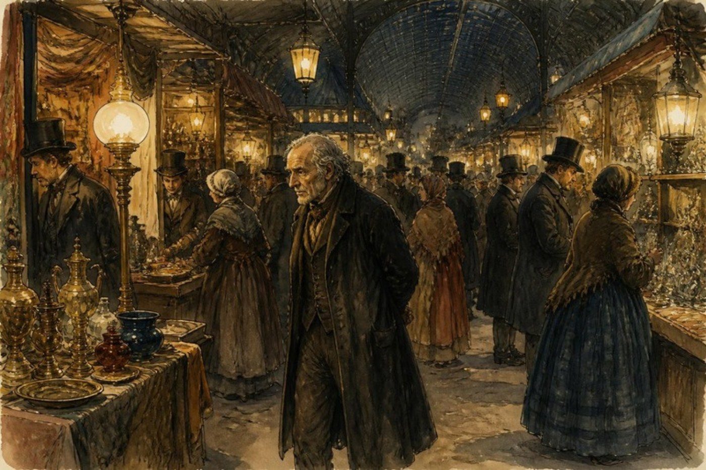 Ilustración: un bazar cubierto lleno de compradores y vendedores a la luz de las lámparas; entre ellos camina un viejo con una capa oscura.