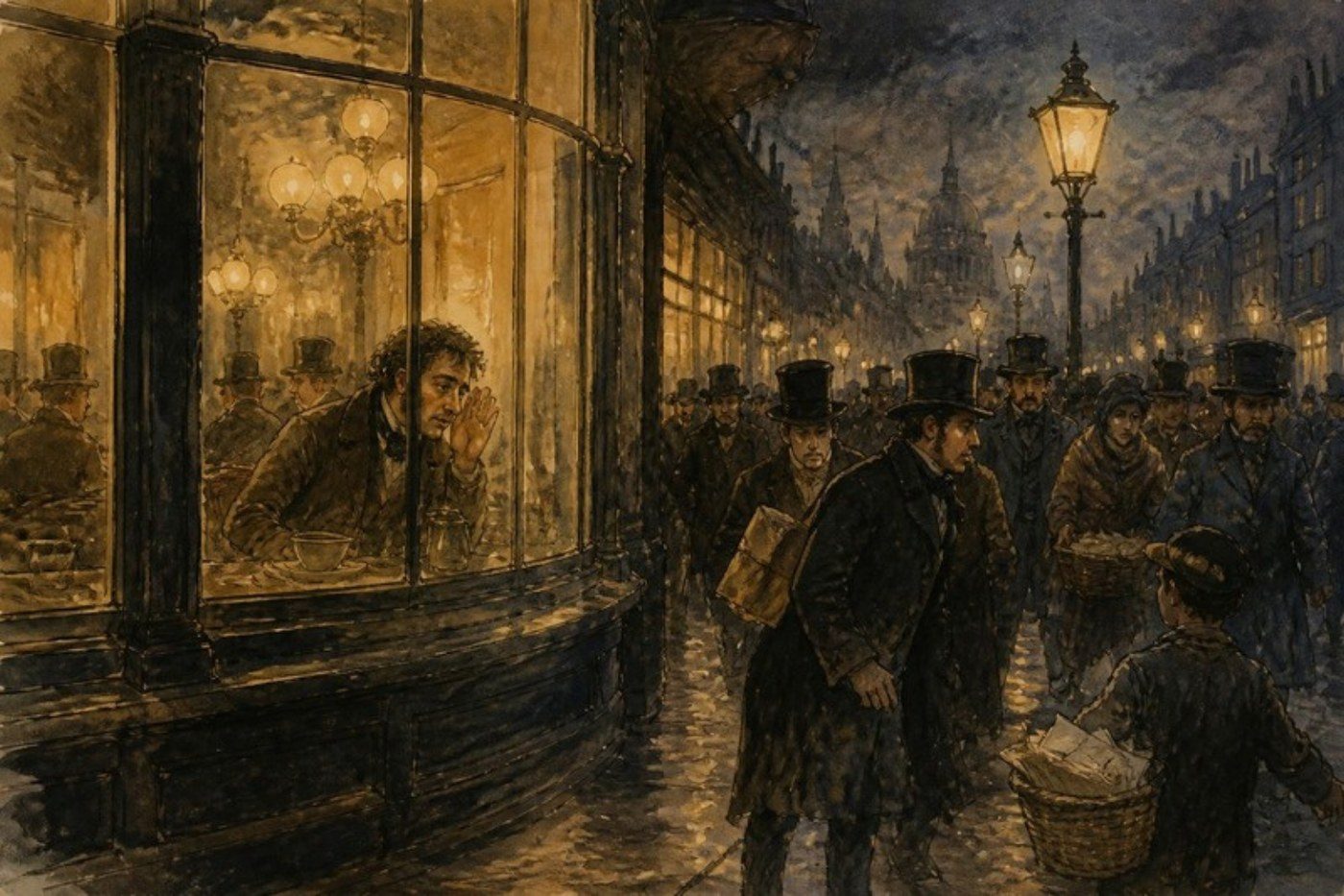 Ilustración: el ventanal de un café visto desde la calle, de noche; dentro, un hombre mira a la gente que pasa por la acera.