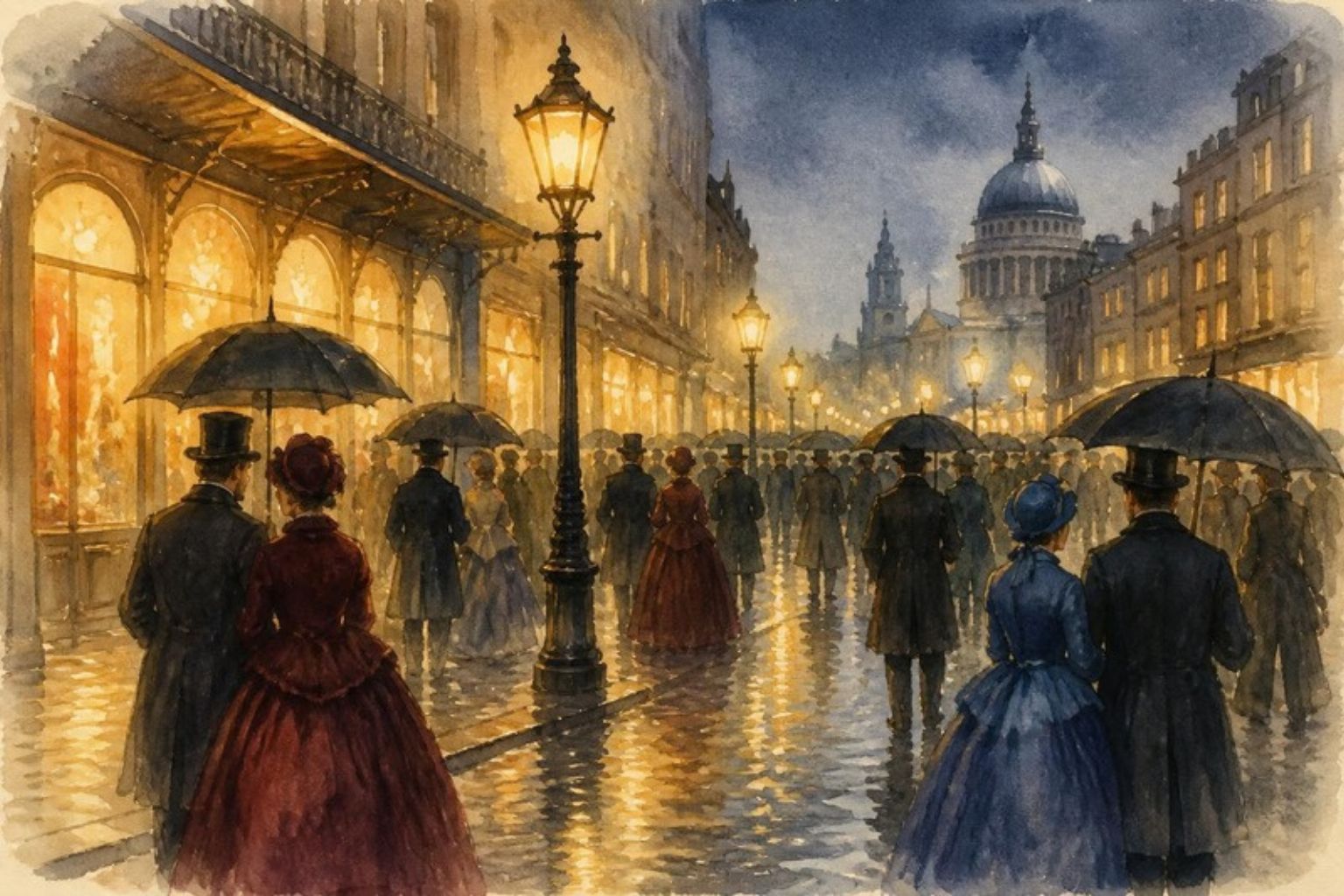 Ilustración: una calle de Londres hacia 1840, de noche y bajo la lluvia, con farolas de gas, escaparates encendidos y una marea de sombreros y paraguas sobre el empedrado mojado.