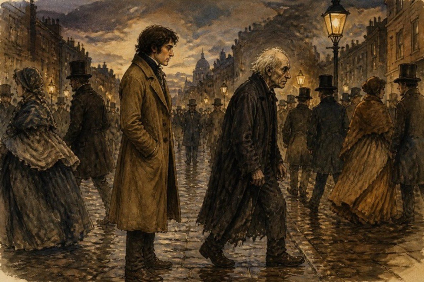 Ilustración: un hombre joven mira de cerca a un viejo de pelo blanco que camina sin reparar en él, entre la gente.
