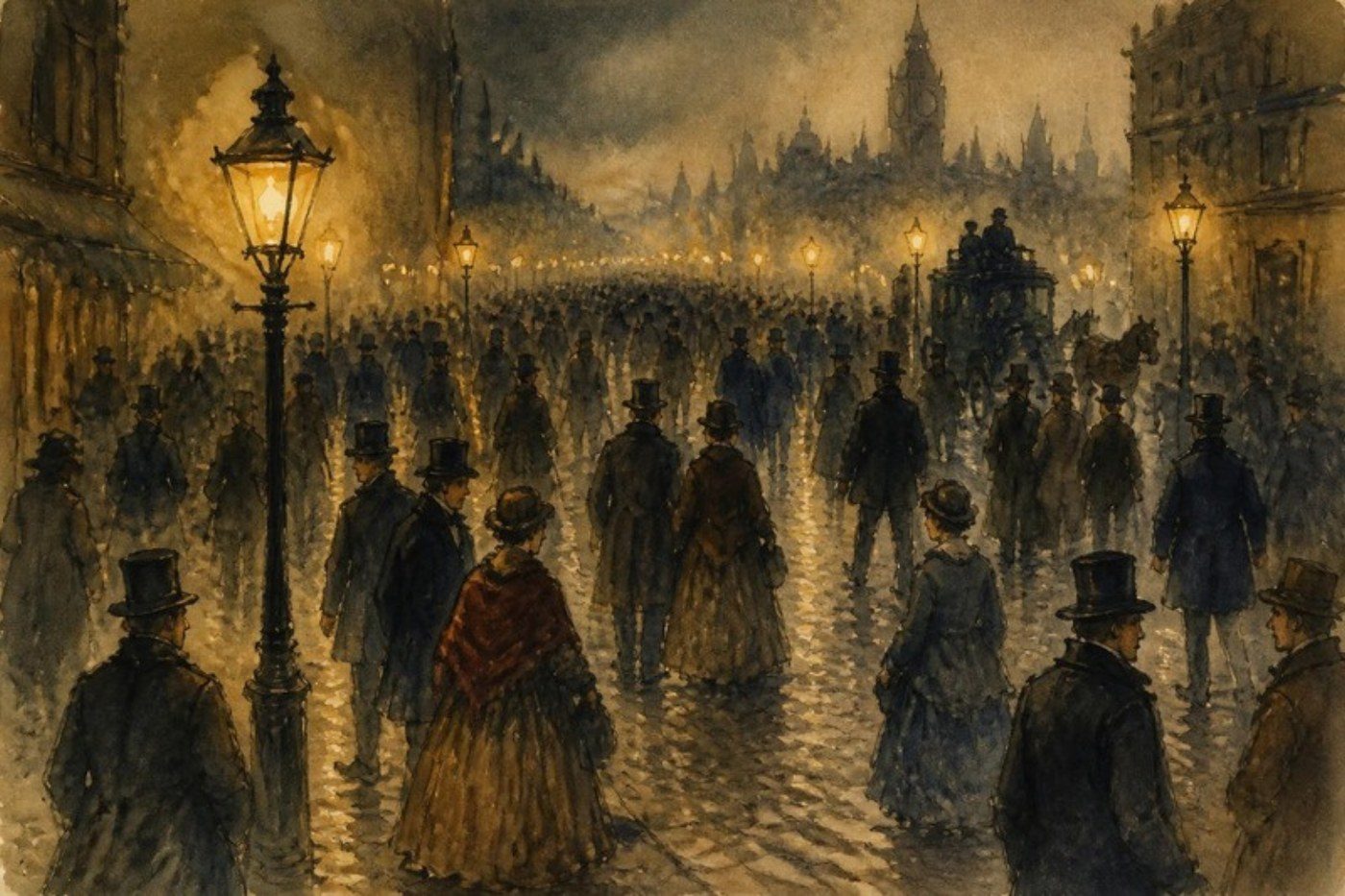 Ilustración: una multitud en una calle de Londres, de noche, entre la niebla y la luz de gas; no se distinguen las caras.