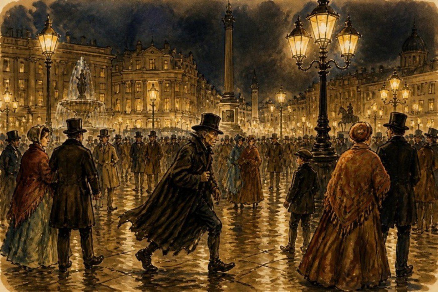 Ilustración: una plaza muy iluminada y llena de gente, de noche; un viejo con capa la cruza a paso vivo.
