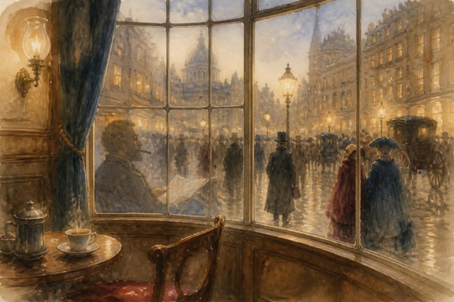 Ilustración: el ventanal saliente de un café de Londres visto desde dentro, al anochecer; al otro lado, la calle llena de gente bajo las farolas de gas; en el cristal, el reflejo de un hombre sentado con un periódico y un puro.
