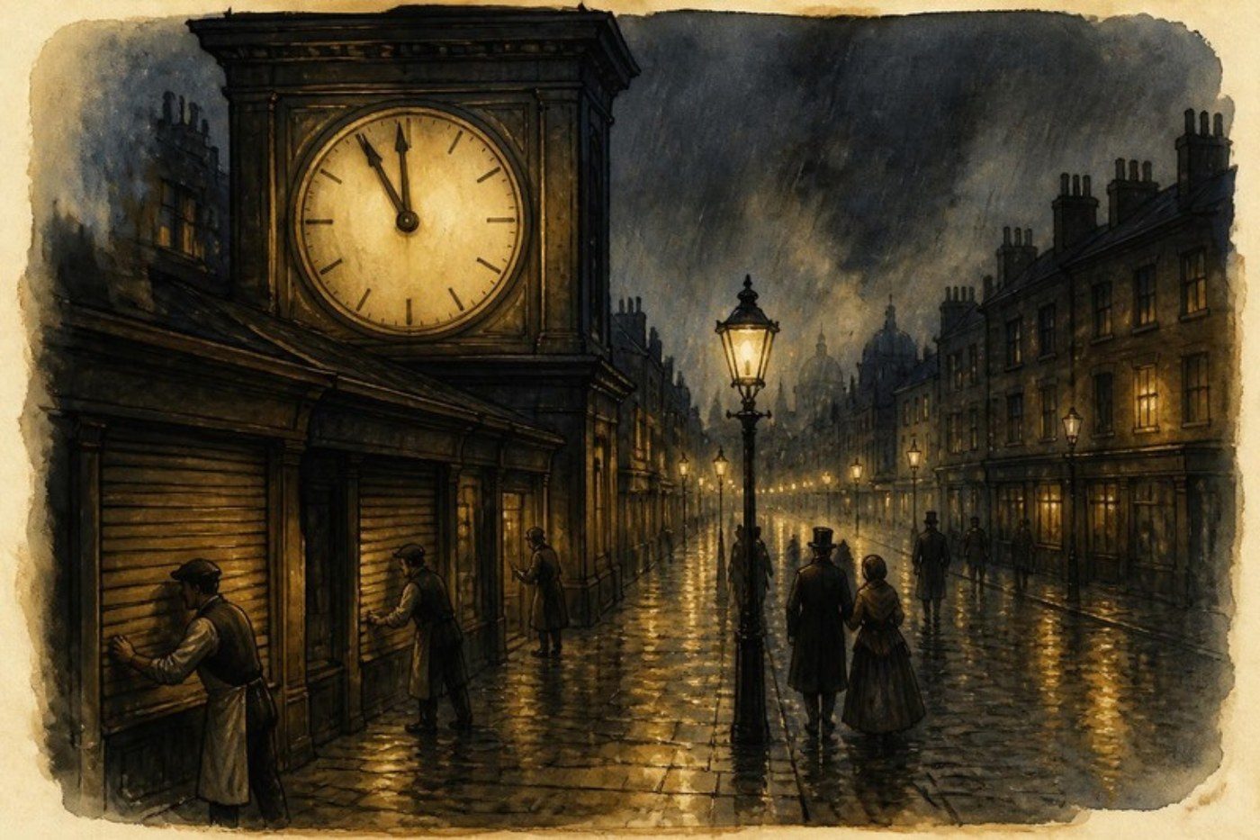 Ilustración: un reloj público marca las once de la noche sobre una calle que se vacía bajo la lluvia.