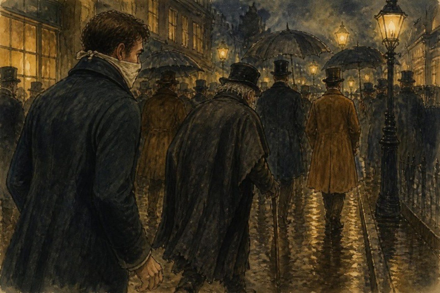 Ilustración: una calle llena de gente bajo la lluvia; un hombre con un pañuelo en la boca sigue de cerca a un viejo.