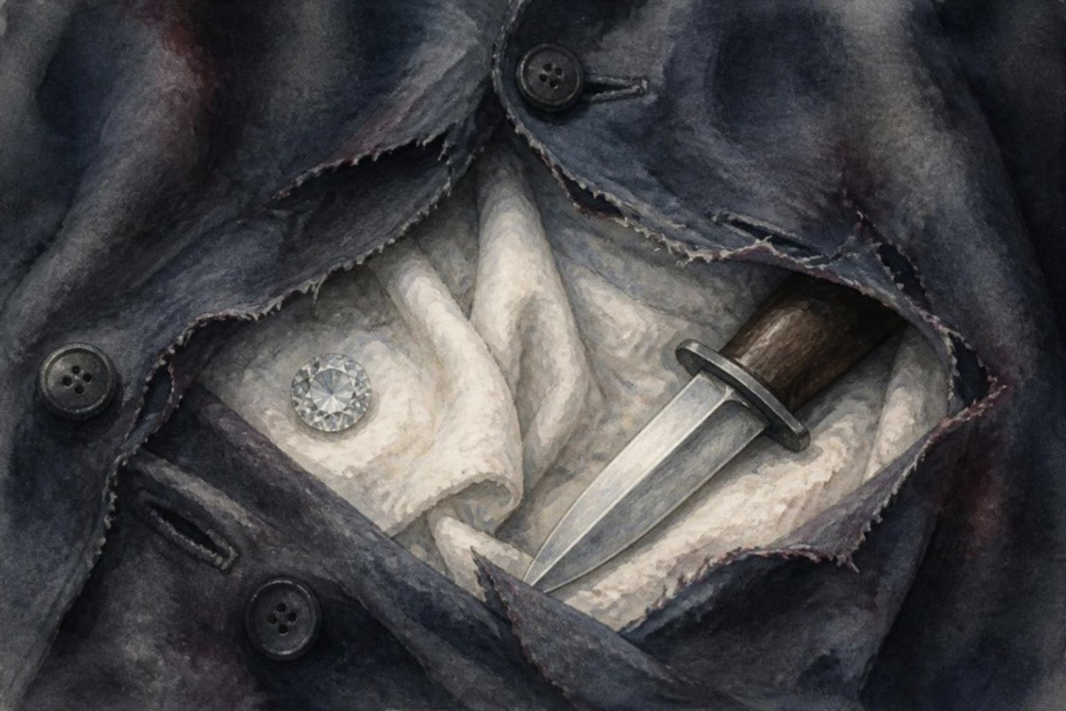 Ilustración: por un roto en una capa oscura y abotonada asoman un diamante suelto y un puñal de hoja de acero con mango de madera, sobre ropa blanca fina.
