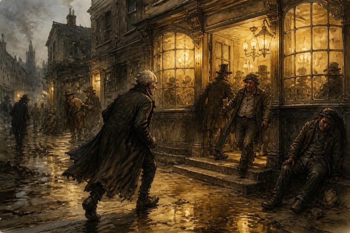 Ilustración: la entrada iluminada de una taberna en un barrio pobre, antes del amanecer; un viejo con capa corre hacia ella.