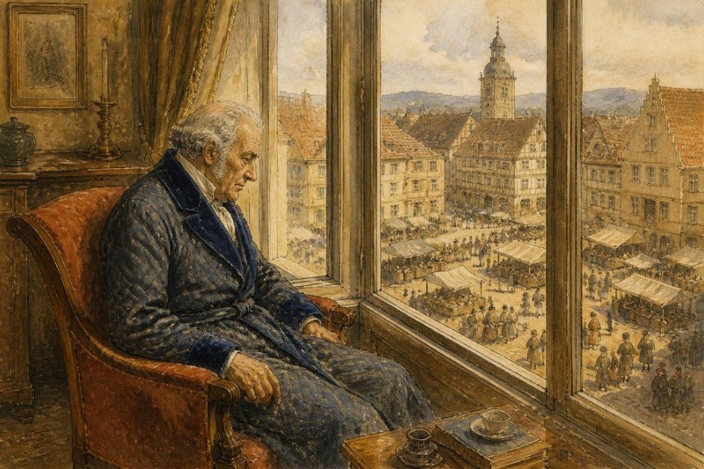 Ilustración: un hombre mayor, sentado en un sillón, mira un mercado desde la ventana de su casa.